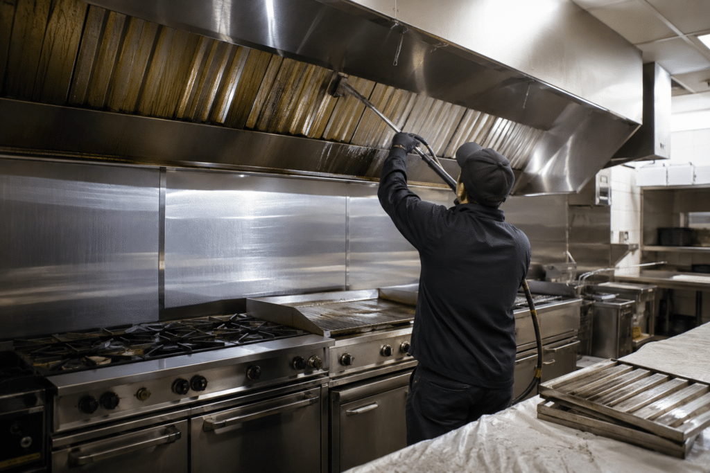 Commercial kitchen hood cleaning technician in a Vancouver restaurant