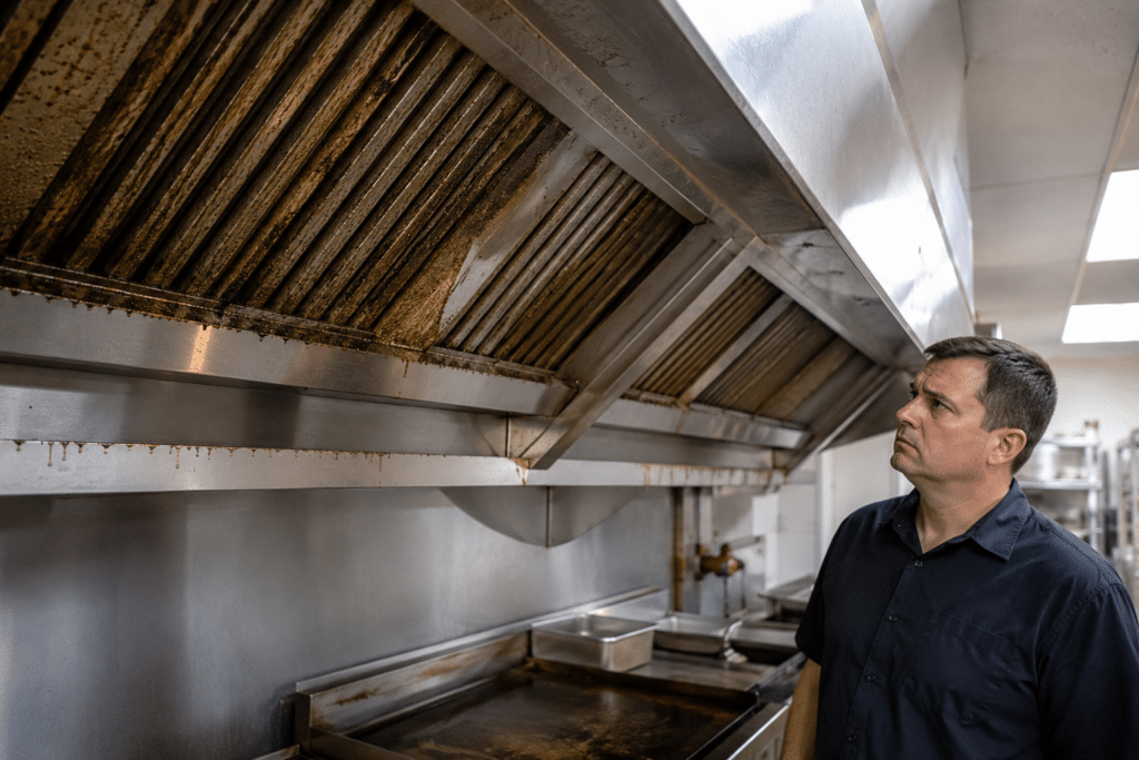 Grease buildup warning signs in a restaurant exhaust system