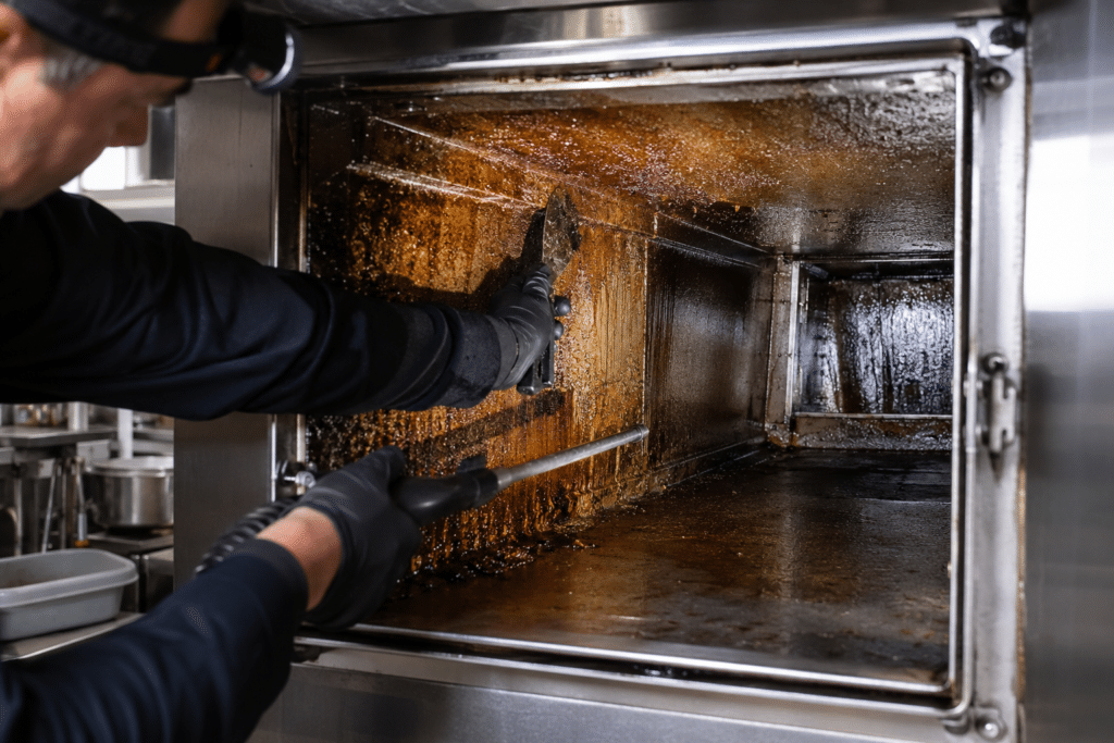 Grease buildup in a commercial kitchen exhaust duct