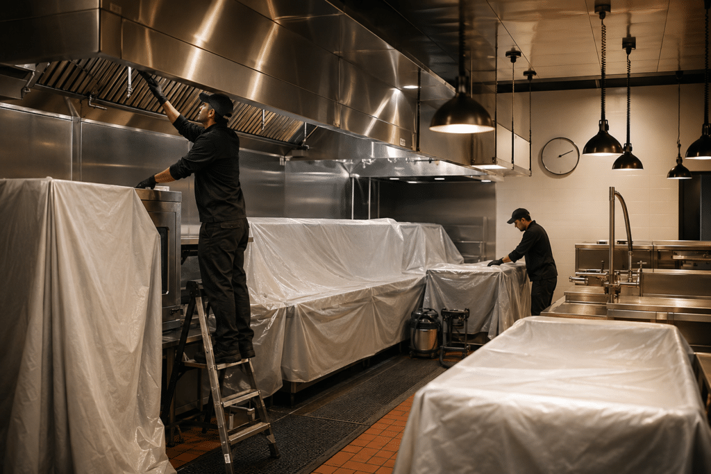 Commercial kitchen hood cleaning in progress